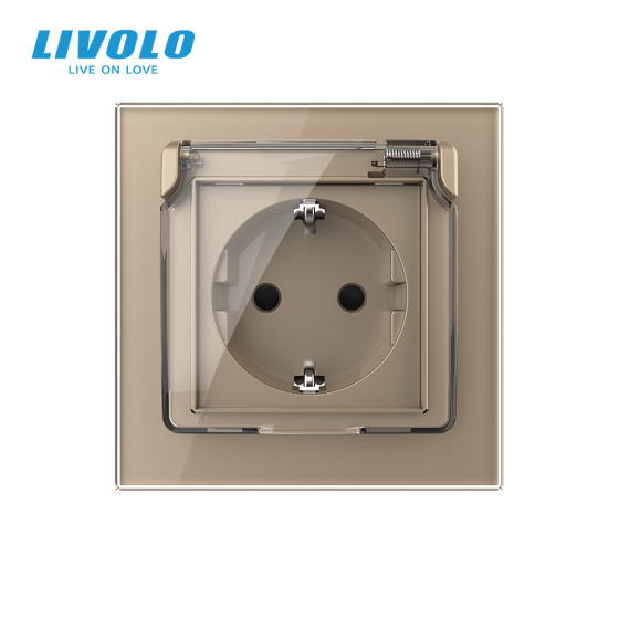 Електрична розетка вологозахисна з кришкою IP44 з заземленням, LIVOLO, золота, скляна рамка, шторки, 250В 16А (VL-C7C1EUWF-13) Коломыя