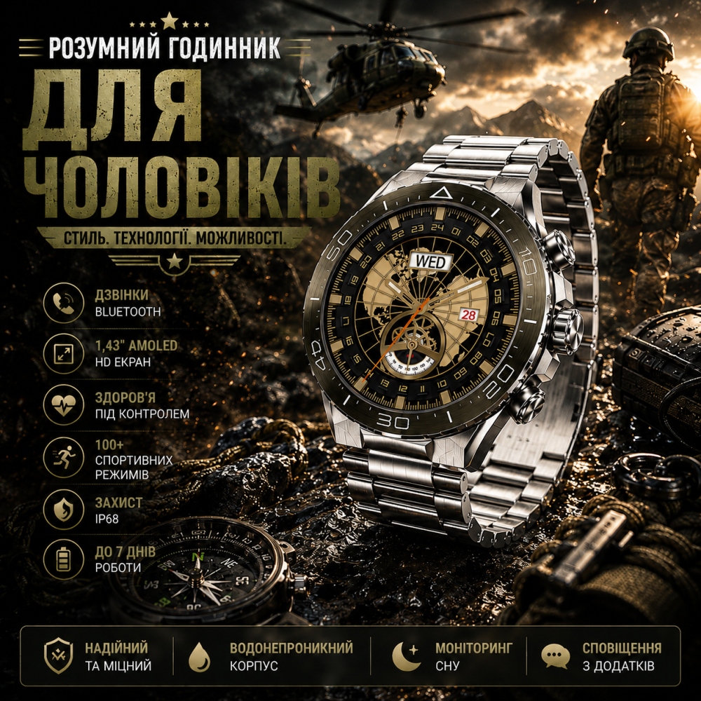 Чоловічий тактичний смарт-годинник Kesasoxe з AMOLED екраном водонепроникний армійський розумний годинник із дзвінками Київ - фото 9