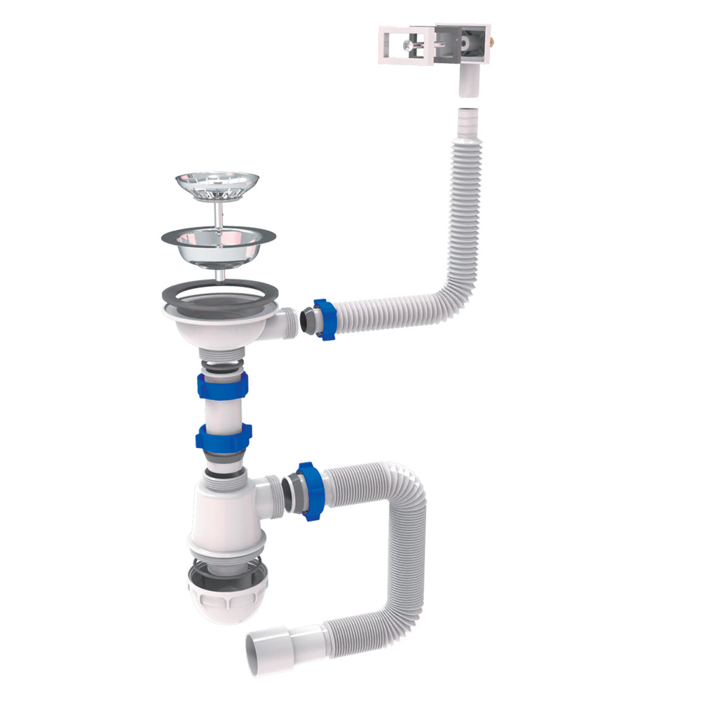 TAU Сифон для кухонной мойки с нержавеющим выпуском 3½" квадратным переливом и гибким отводом Ø Киев - изображение 1