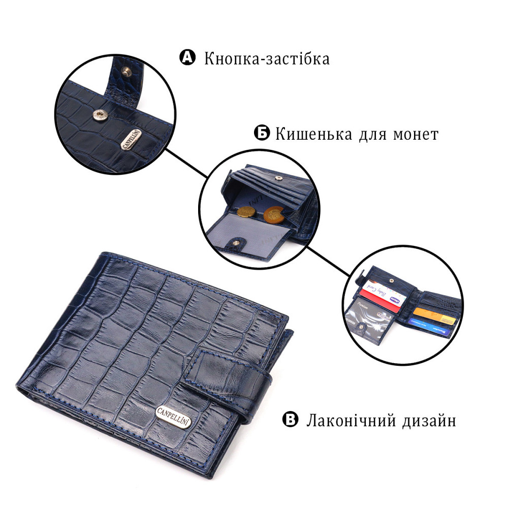 Стильный мужской кошелек из натуральной фактурной кожи CANPELLINI 21514 Синий Киев - изображение 4