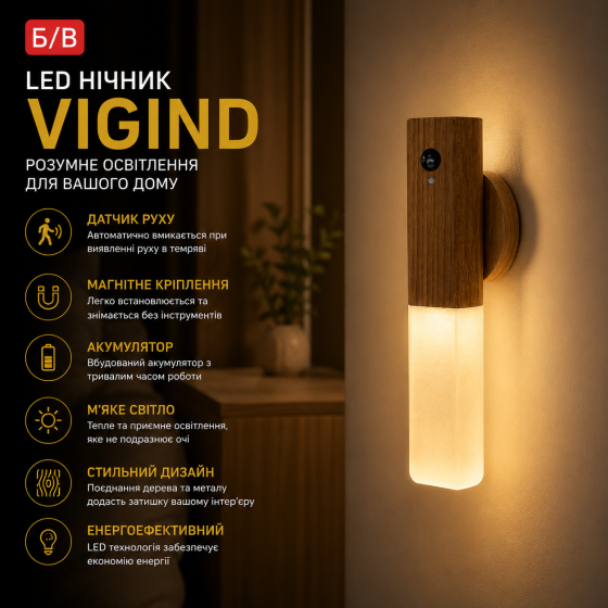Б/В LED нічник VIGIND з датчиком руху та магнітним кріпленням: стильний світильник з дерева та металу для вашого дому Київ
