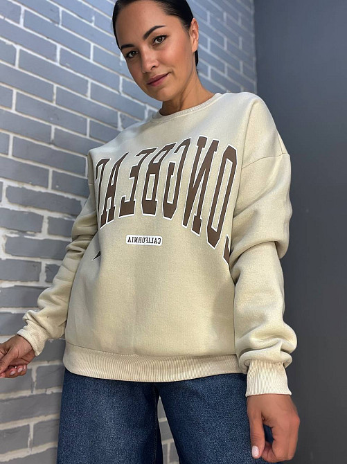 Свитшот женский Quzen 488 надпись впереди long beach флис утепленный светло бежевый, світло-бежевый, Одесса - изображение 1