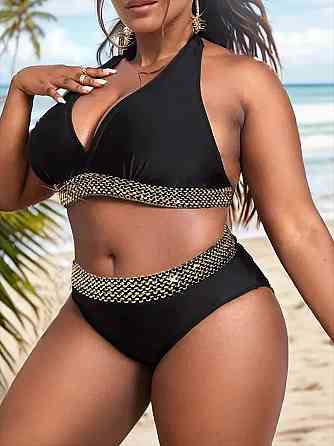 Роздільний купальник великого розміру з високою талією чорно-золотистий Київ