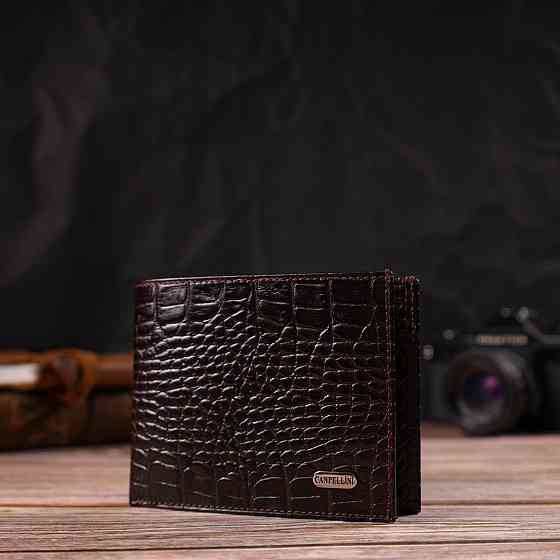 Модний гаманець для чоловіків з натуральної шкіри з тисненням під крокодила Коричневий (CANPELLINI) Київ