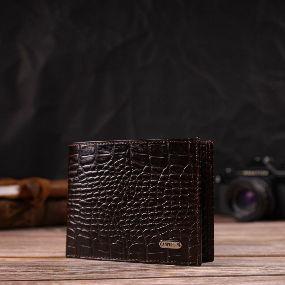 Модний гаманець для чоловіків з натуральної шкіри з тисненням під крокодила Коричневий (CANPELLINI) Київ - фото 2
