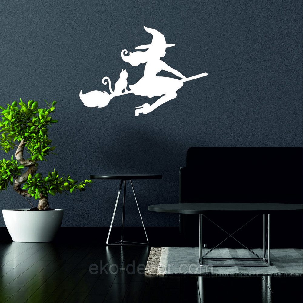 Декоративное настенное Панно «Ведьма на метле с котом», Декор на стену 110*77 см, Белый Киев - изображение 2