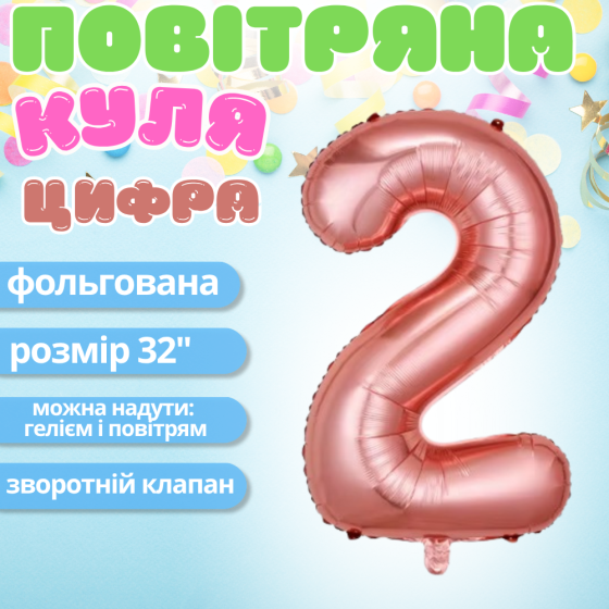 Воздушный шар в виде цифры 2 розовое золото,32 дюйма, фольгированый, для праздника дня рождения,годовщин Каменец-Подольский
