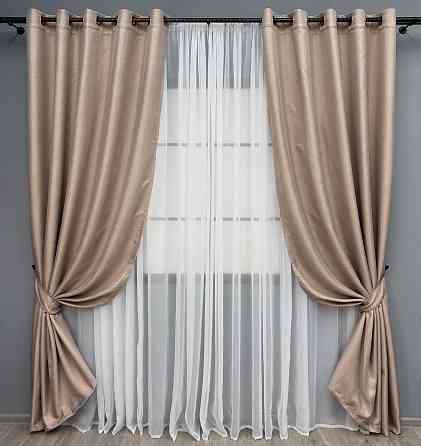 Комплект штор на люверсах VR-Textil Льон-блекаут Льон Мішковина № 1069ш Пудровий 150х250см 2 шт (37-0192) Київ