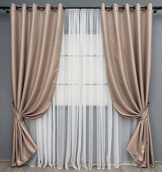 Комплект штор на люверсах VR-Textil Льон-блекаут Льон Мішковина № 1069ш Пудровий 150х250см 2 шт (37-0192) Київ - фото 2