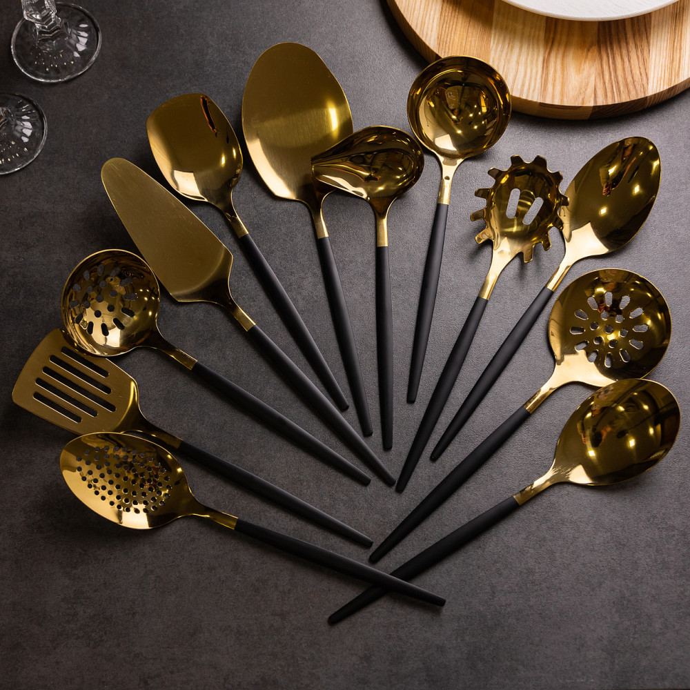 Yiwu Набір кухонного приладдя 12 предметів столові прилади з нержавіючої сталі Золото з чорним Коломыя - изображение 9