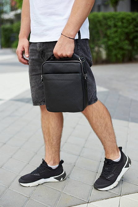 Чоловіча сумка-месенджер з двома відділеннями 21x26x7, шкіряний гаманець Tiding Bag 7459 чорного кольору Київ - фото 4