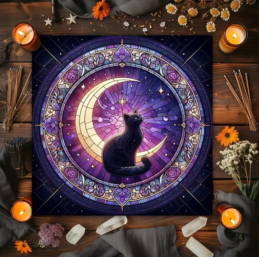 Алтарная скатерть для карт Таро и Рун. Скатерть для гадания 49*49 см. Скатерть с черным котом Киев - изображение 1