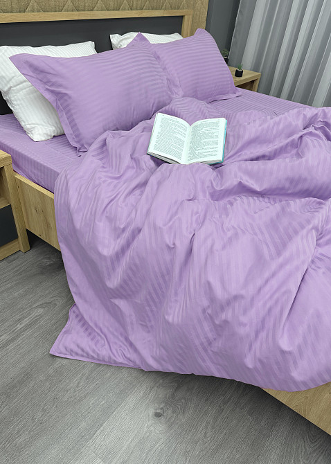 Комплект постільної білизни Страйп-сатин Євро 200х230 з простирадлом на резинці Лавандовий (88-176) Київ - фото 6