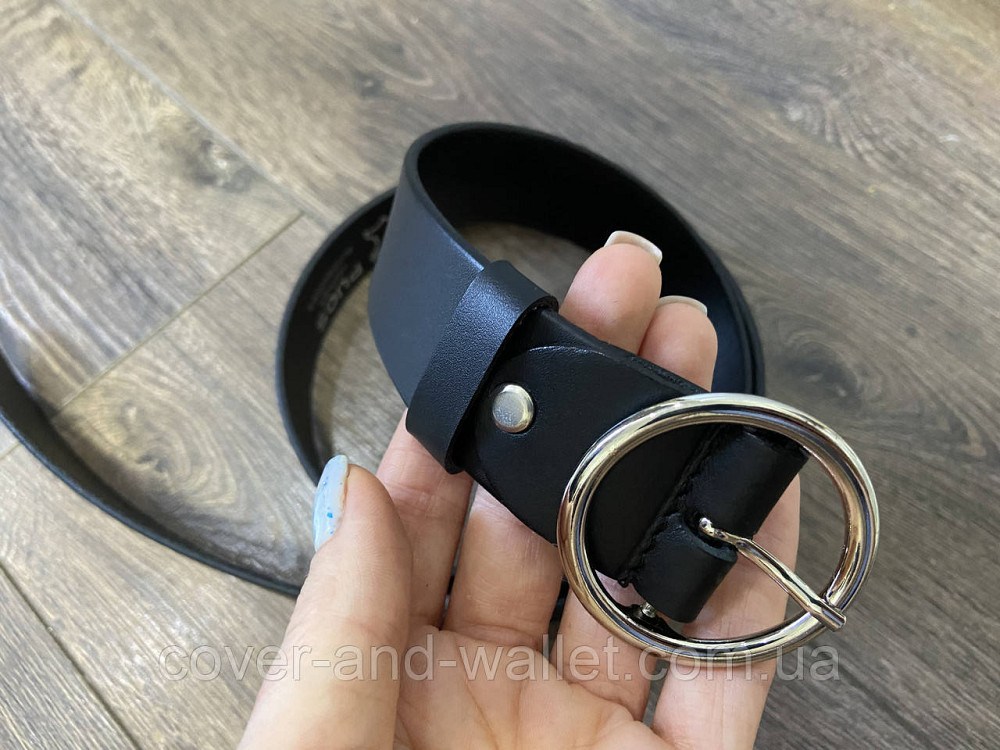 Жіночий ремінь з натуральної шкіри з круглою пряжкою чорного кольору 35мм PS Leather Київ - фото 5