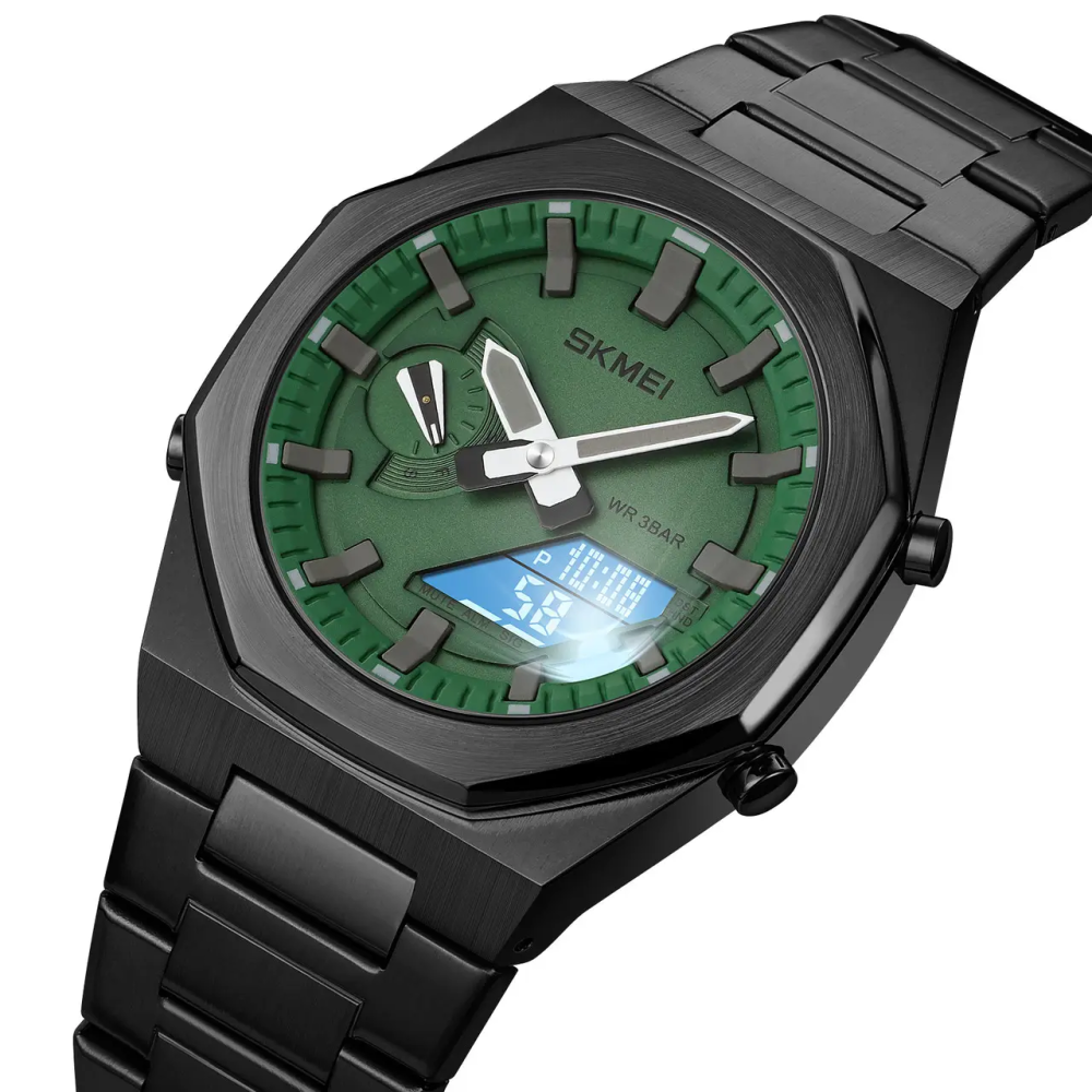 Чоловічий наручний годинник на сталевому браслеті Skmei 1816 (Чорний із зеленим циферблатом) Київ - фото 3