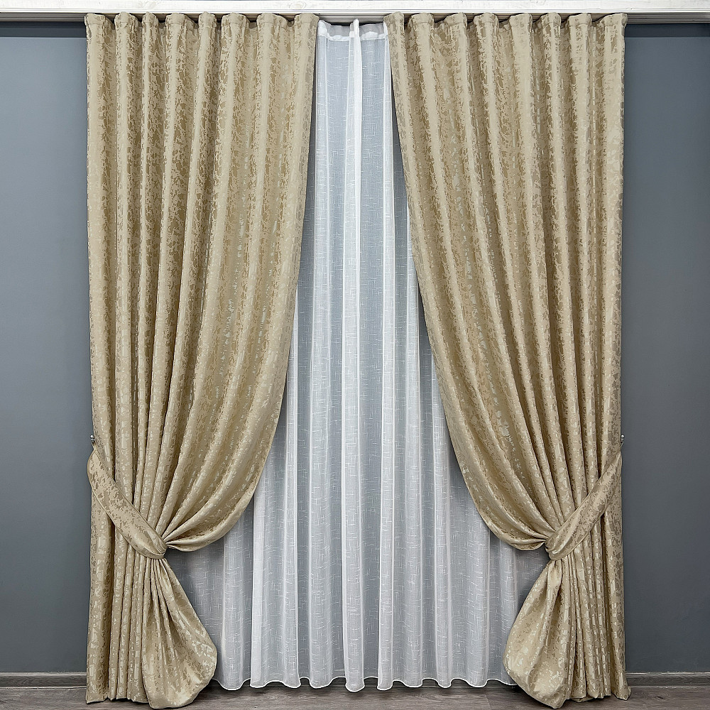 Комплект штор VR-Textil Льон Мармур 100х270 2шт і Тюль 300х270 1270ш-115т Бежевий з білим 71-122/1 Київ - фото 1