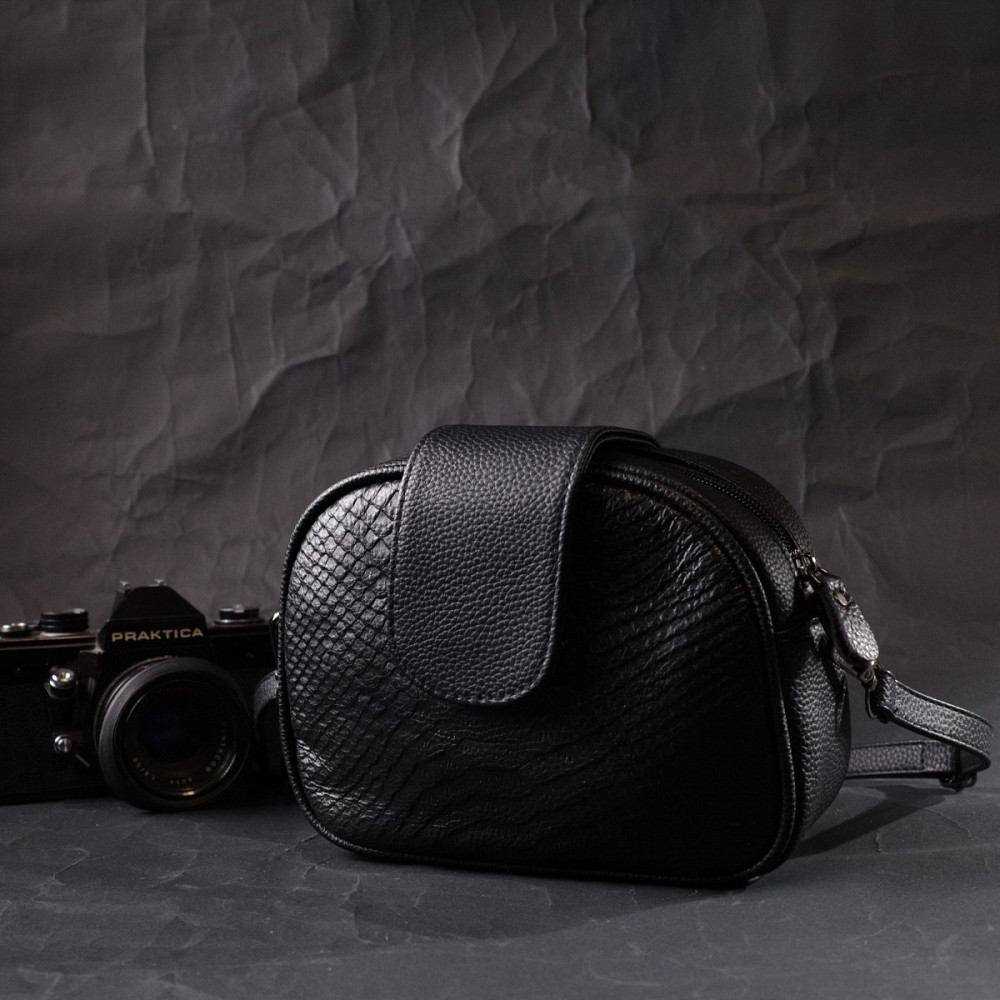 Фактурная сумка для женщин из натуральной кожи с тиснением под змею Vintage 22354 Черная Киев - изображение 9