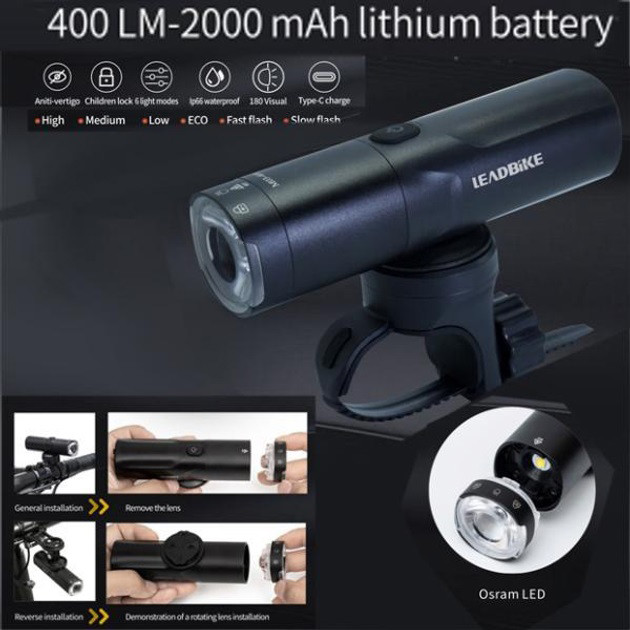 Велоліхтар із захистом від води LEADBIKE, Велофара із зарядкою від usb, Фара велосипедна передня EK-66 Львів - фото 2