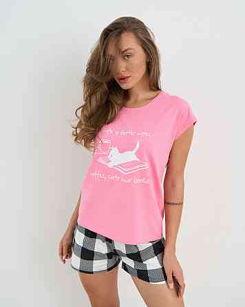 Женская пижама комплект с шортиками в клетку - Кофе, котики и книги Nicoletta 60244 M, Розовый Киев