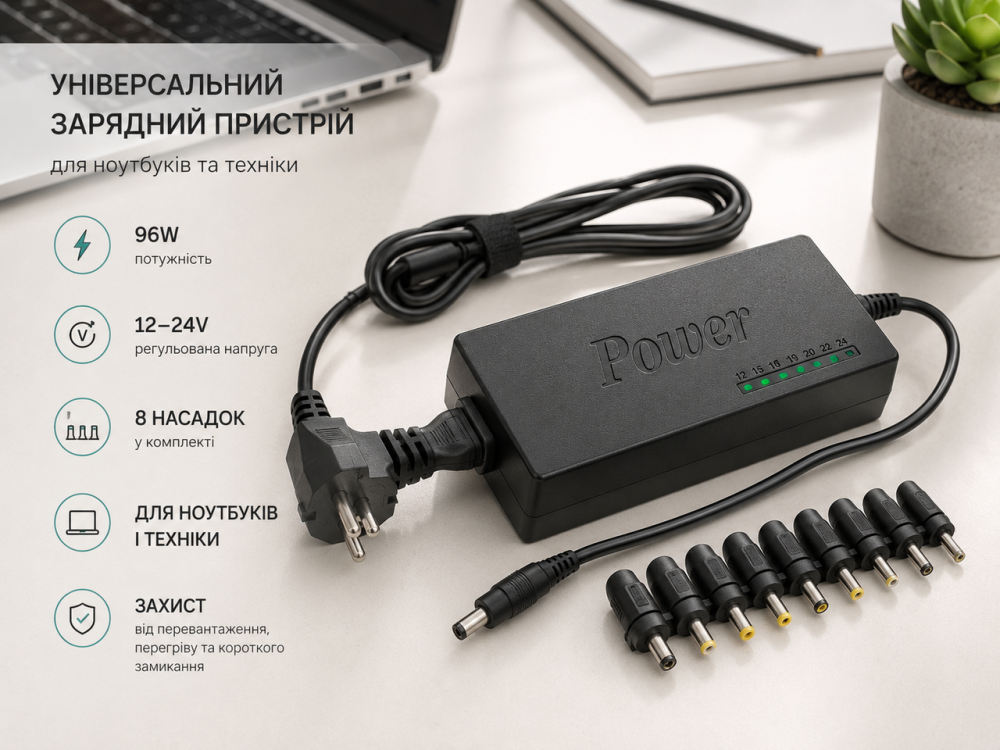 Універсальний зарядний пристрій для ноутбуків 96W Padarsey 12V-24V регульований блок живлення 8 насадок Київ - фото 4