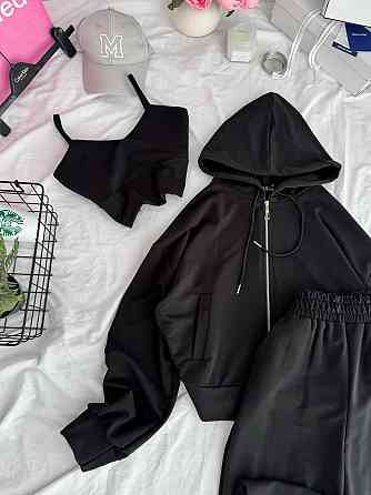 Жіночий прогулянковий костюм-трійка: кофта топ і штани двонитка Чорний, 42/44 Одеса