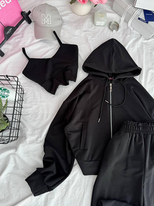 Жіночий прогулянковий костюм-трійка: кофта топ і штани двонитка Чорний, 42/44 Одеса - фото 3