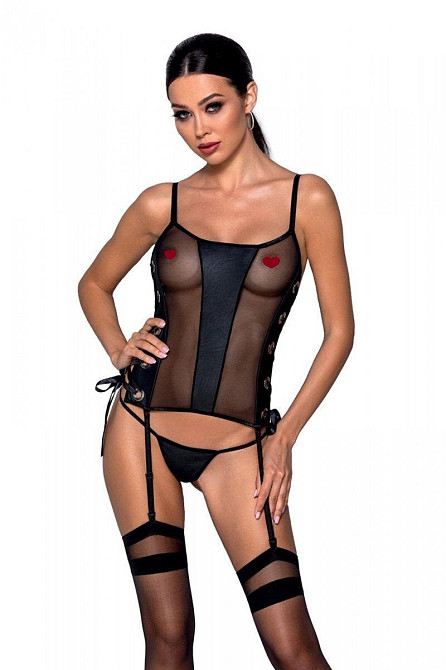 Сітчастий корсет з люверсами та знімними пажами Passion MALWIA CORSET S/M, black, екошкіра, стрінги Sex Aura Київ - фото 1