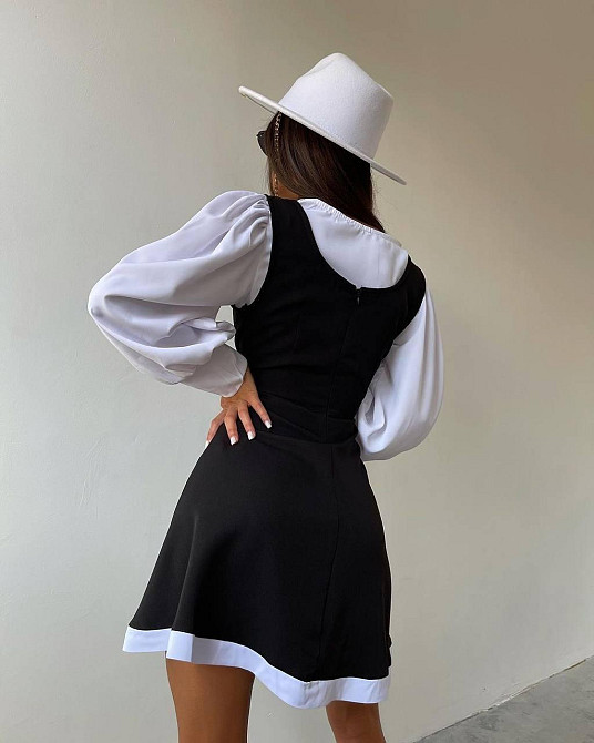 Женский сдержанный костюм двойка: блуза и сарафан в классическом стиле крепдайвинг + котон Одесса - изображение 3