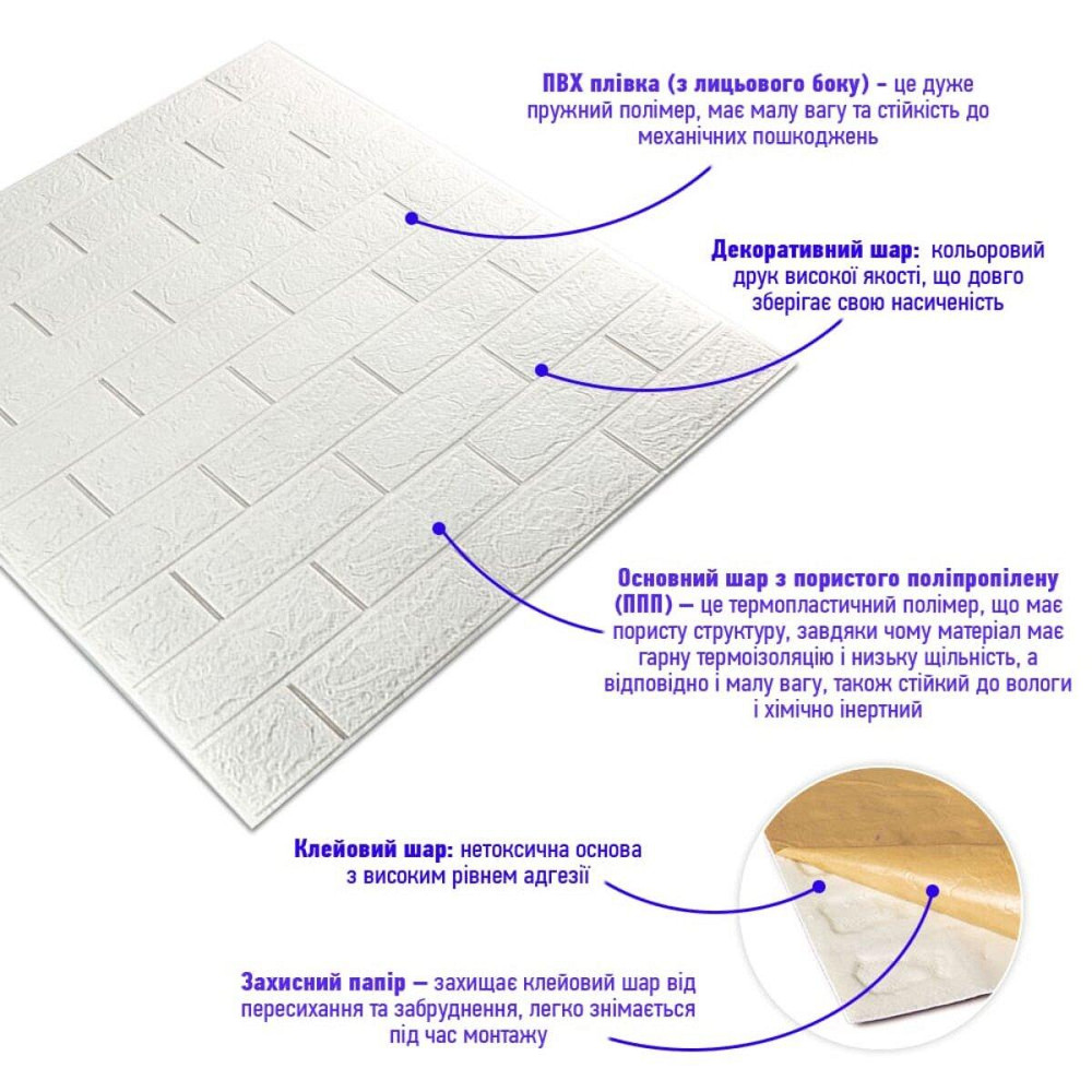 Біла самоклеюча 3D панель під цеглу Київ - фото 2