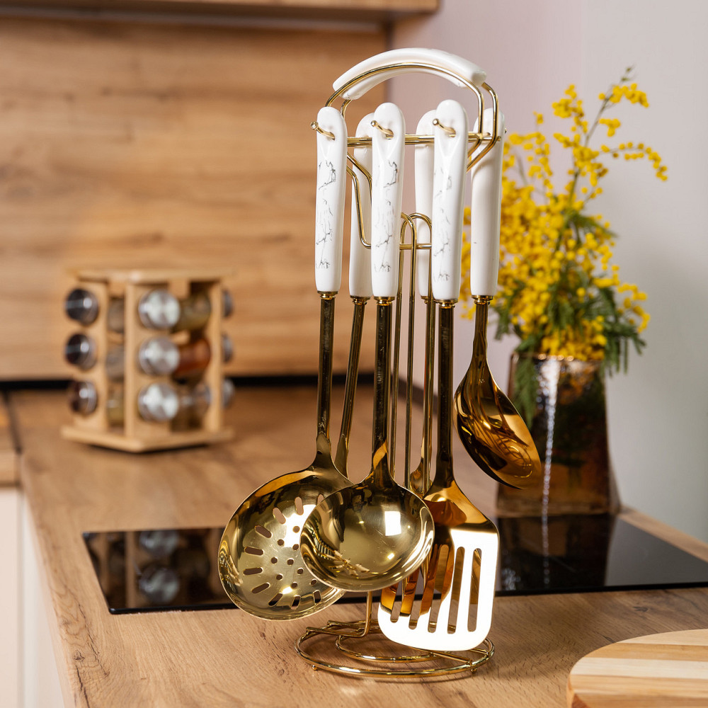 Набір кухонного приладдя 7 предметів на підставці столові прилади з нержавіючої сталі Золото з білим HP-20-7 Коломия - фото 6