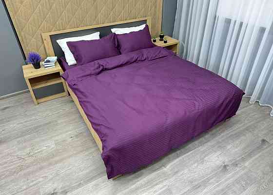 Комплект постельного белья Страйп-сатин Двуспальный 180х220 с простыней на резинке Баклажановый (88-088) Киев