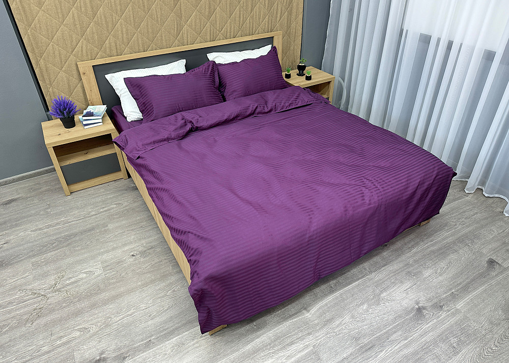 Комплект постельного белья Страйп-сатин Двуспальный 180х220 с простыней на резинке Баклажановый (88-088) Киев - изображение 3