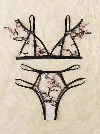 Прозрачный комплект нижнего белья с цветочками S черно-розовый Киев