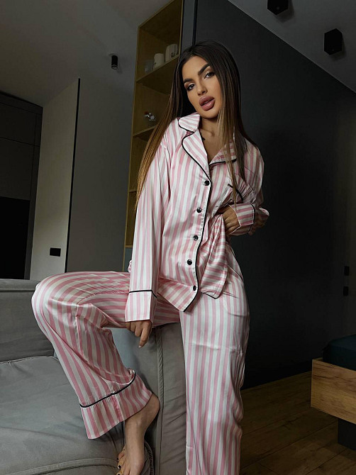 Женская шелковая пижама двойка в полоску Пудровый, 48/50 Одесса - изображение 5