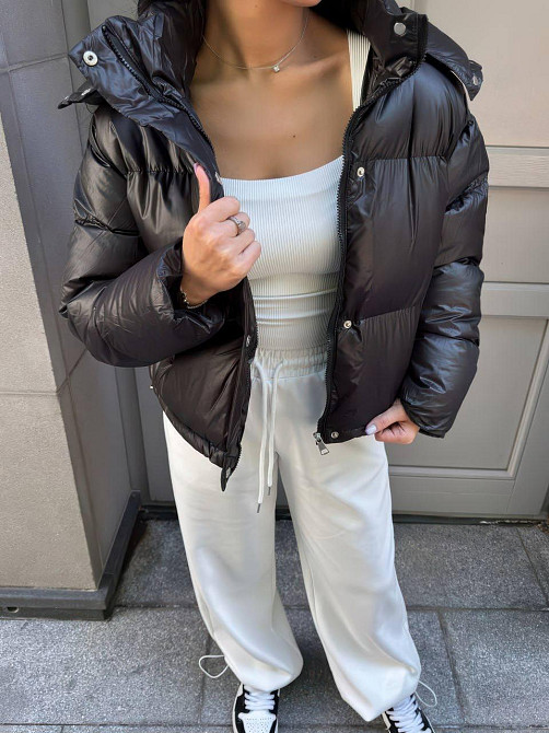 Женская короткая куртка дутик с карманами и капюшоном плащевка перламутр на синтепоне Черный, 44/46 Одесса - изображение 3