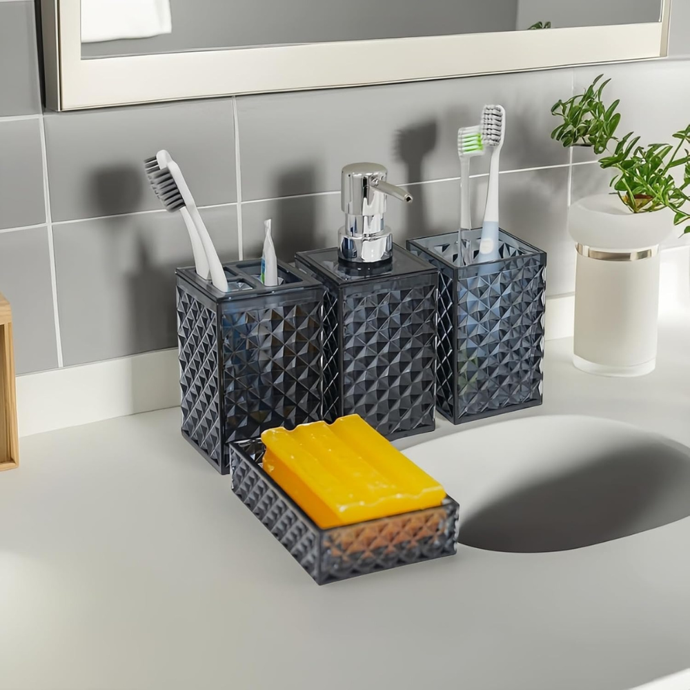 Набор аксессуаров 4в1 для ванной и душа, дозатор для мыла, мыльница, стаканы,материал акрил прозрачно-серый Каменец-Подольский - изображение 5