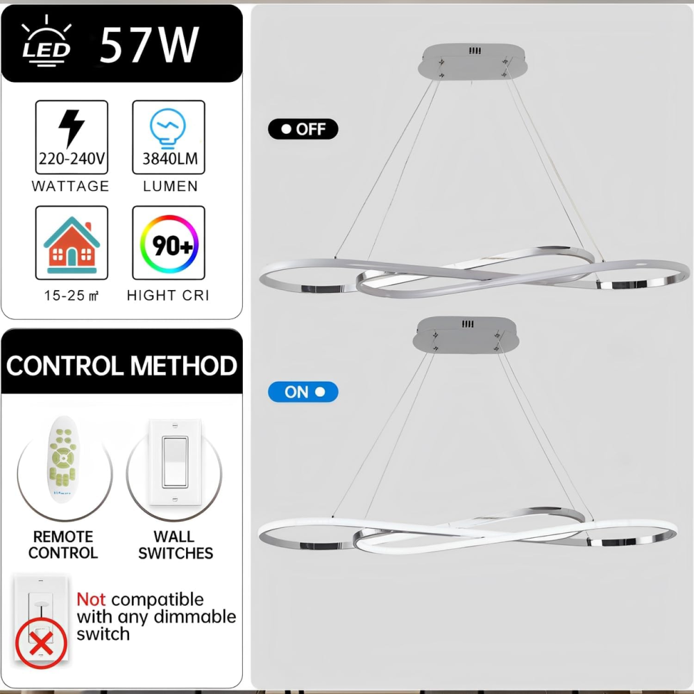 Світлодіодна люстра Infinity 57W: Срібляста вісімка, 3840Lm, Dimmer, пульт ДУ, регульована висота до 200 см Київ - фото 7