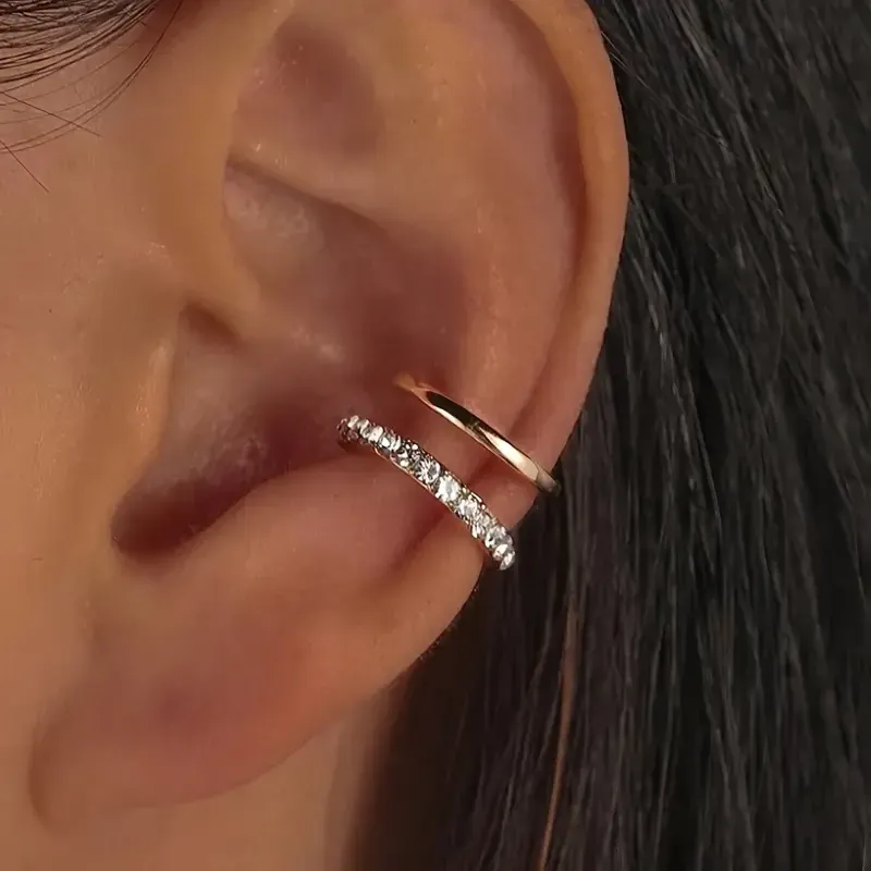 Серьга-кафф золотистого цвета с двойным ободком и камешками (без прокола) Киев - изображение 1