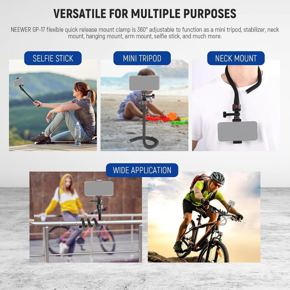 Гнучкий тримач NEEWER GP-17 з магнітною базою, для Insta360, DJI, iPhone, екшн-камер, GoPro, штатив, селфі Київ - фото 7
