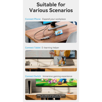 Концентратор Vention USB 3.1 Type-C to HDMI 4K60Hz/USB 3.0x3/PD 100W 5-in-1 (TQDHB) Винница - изображение 8