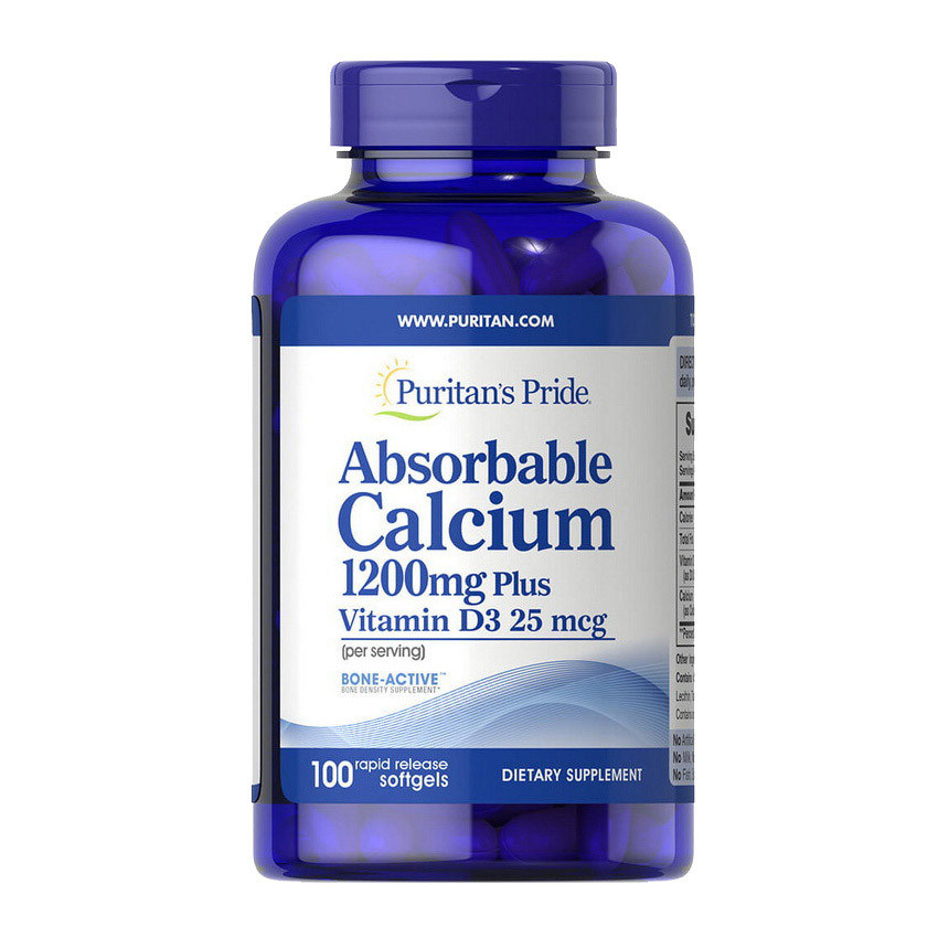 Кальцій з вітаміном D3 Puritan's Pride Absorbable Calcium 1200 mg Plus Vitamin D3 25 mcg 100 Softgels Луцьк - фото 1