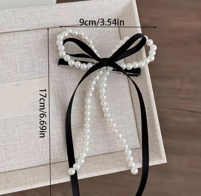 Заколка для волос бантик с жемчугом (9×17 см) – черная Киев - изображение 2