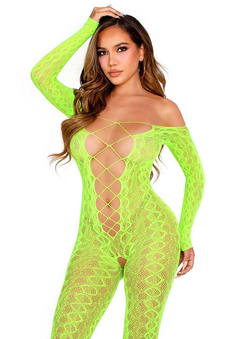 Бодістокінг Leg Avenue Crotchless Footless Lingerie Bodystocking One Size Neon Green Sex Aura Київ - фото 3