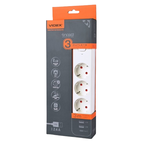 Мережевий подовжувач із заземленням 3 розетки/2USB-A/1Type-C 3м з кнопкою білий VF-PD33G2U1C-W Oncord Videx Житомир