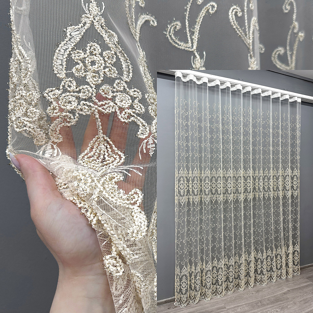 Тюль фатин "Kort" з вишивкою та люрексом колір молочний з золотистим 1568т Київ - фото 1