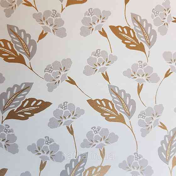 Шпалери вінілові на флізелін Caselio Mystery 0.53х10 м маленькі яскраві квіти листя сірі золотисті на білому Київ