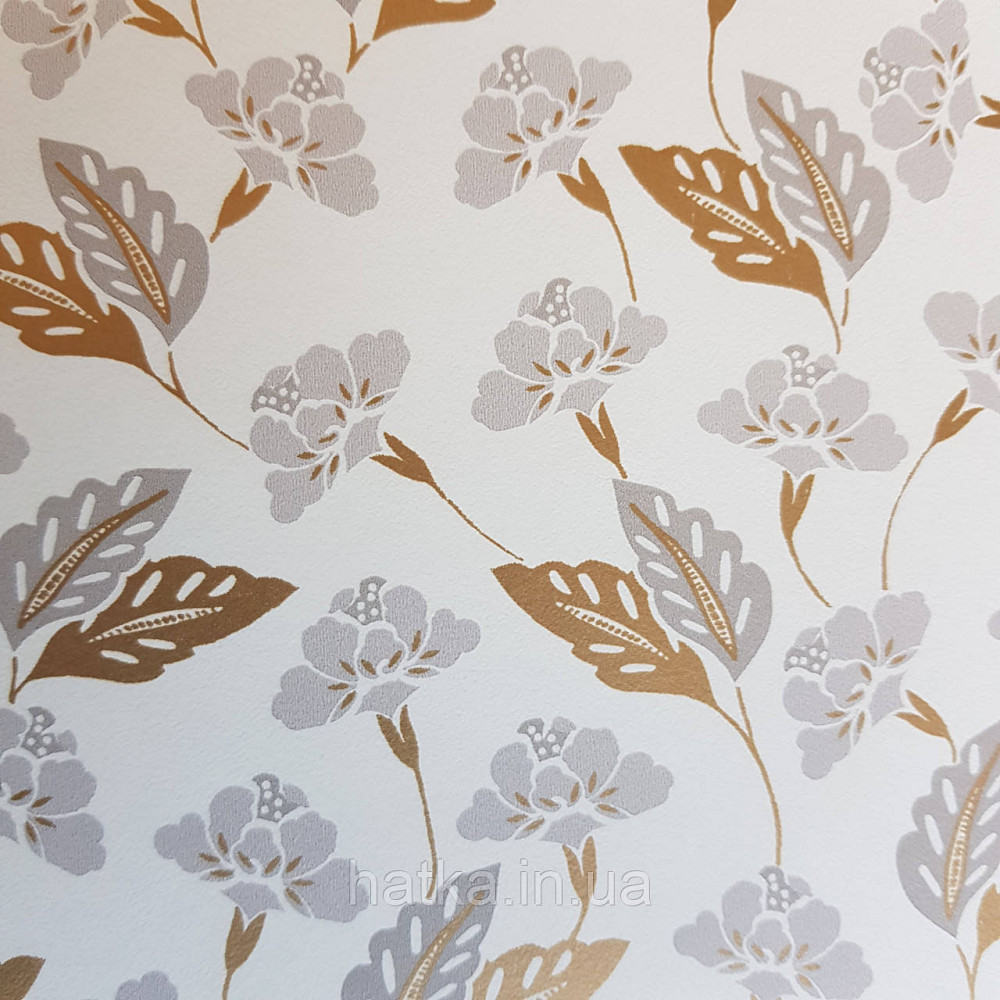 Шпалери вінілові на флізелін Caselio Mystery 0.53х10 м маленькі яскраві квіти листя сірі золотисті на білому Київ - фото 3