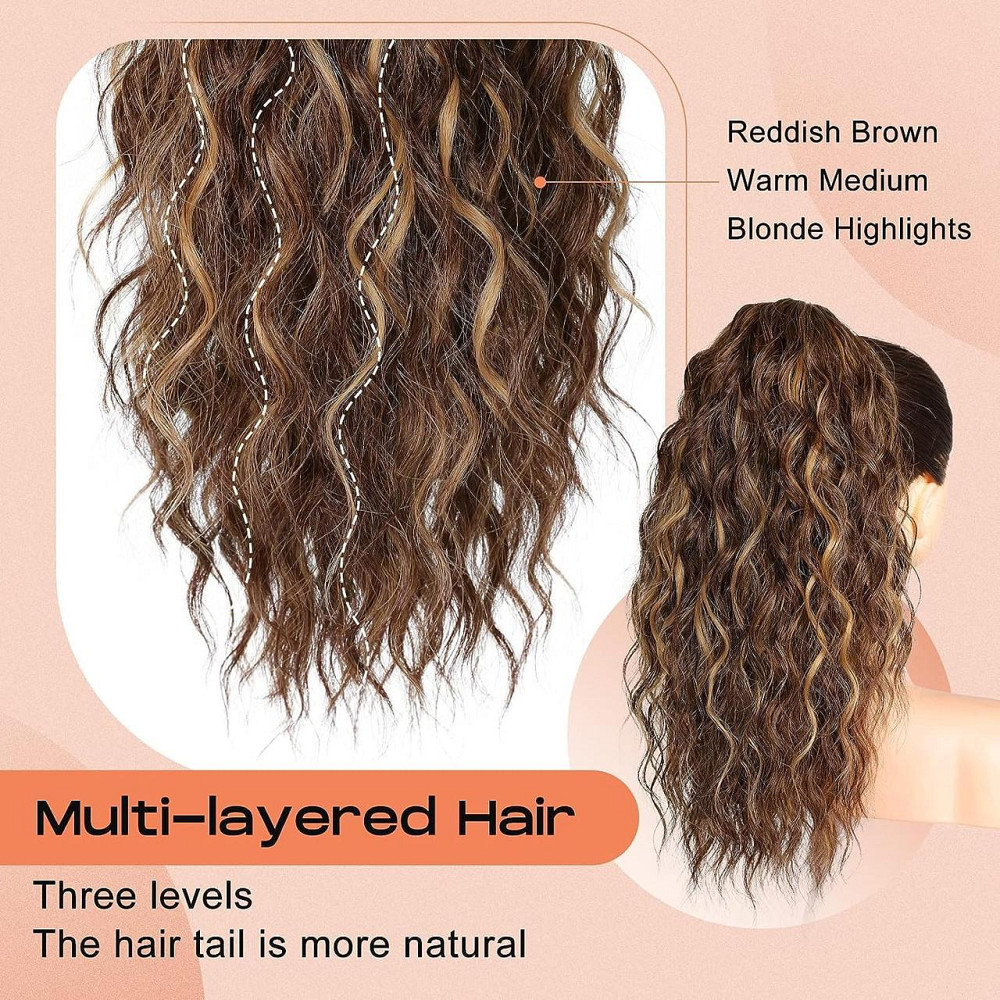 Накладний хвіст каштановий з меліруванням хвилястий, шиньйон на крабі затискачі 45 см, термостійке волосся коричневе з русявим Київ - фото 2