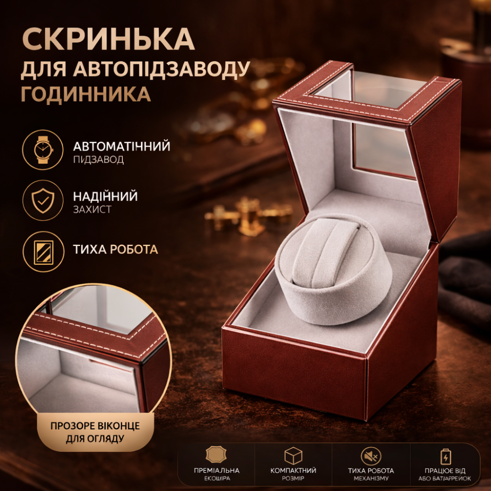 Ротомат, Віндер, Скринька для автопідзаводу годинника (Watch Winder), 1 слот, тихий мотор, екошкіра Київ - фото 1