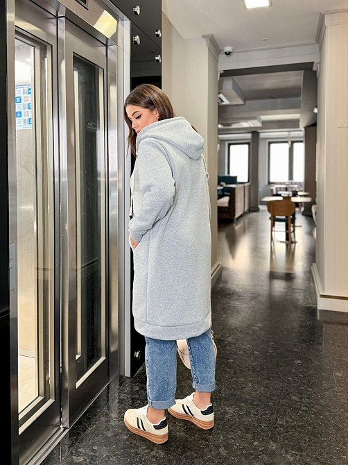 Жіноча тепла подовжена толстовка Oversize на блискавці тринитка на флісі Сірий, 48/52 Одеса - фото 3